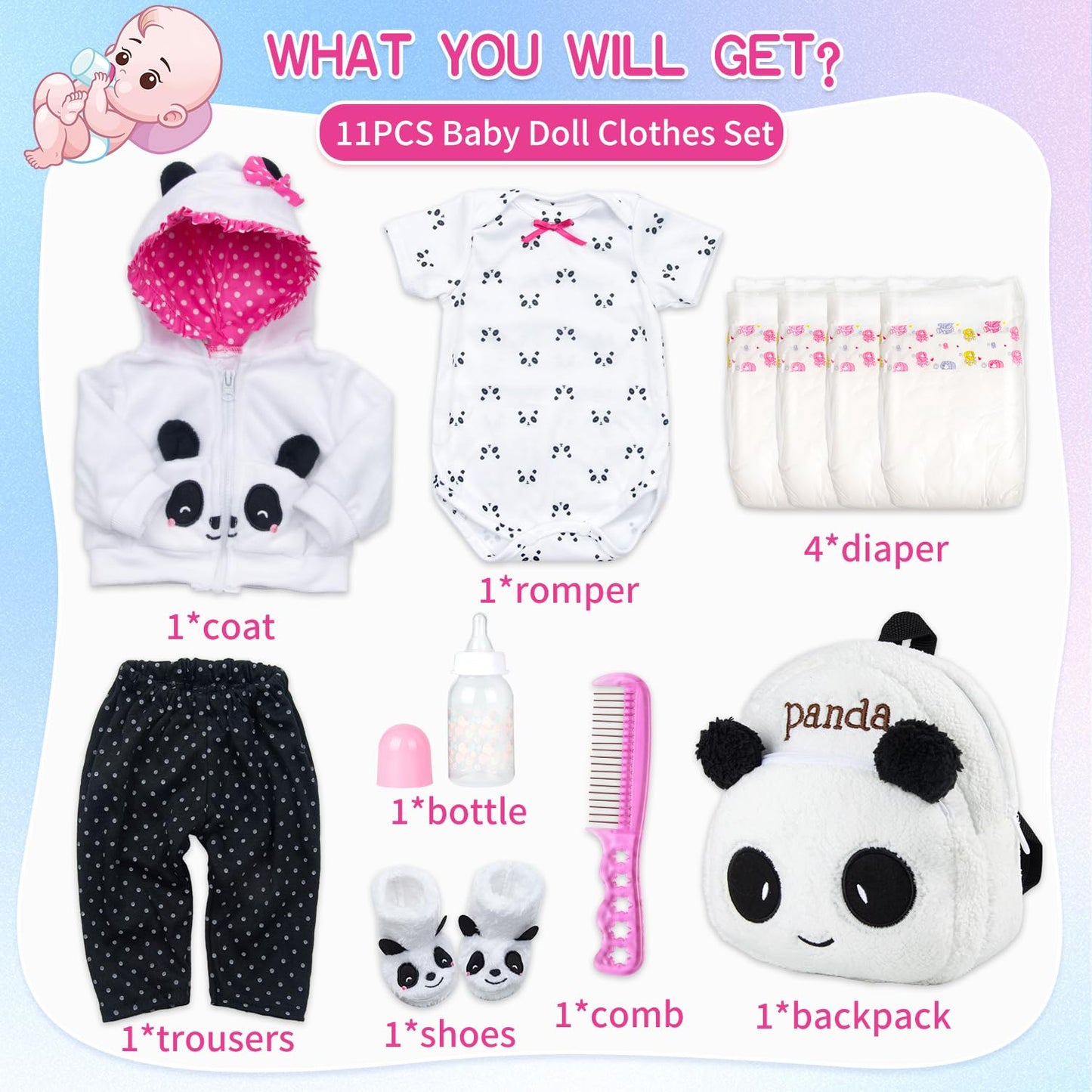 Reborn Baby Dolls Clothes Girl Outfits Accesories Panda 11 Pcs Set for 17-19 Inch Reborn Doll Newborn Girl&Boy with Backpack&Diaper