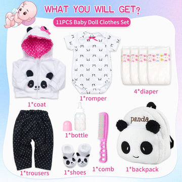 Reborn Baby Dolls Clothes Girl Outfits Accesories Panda 11 Pcs Set for 17-19 Inch Reborn Doll Newborn Girl&Boy with Backpack&Diaper