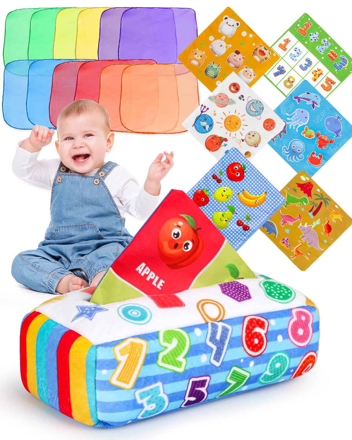 DINORUN Baby Toys 6 to 12 Months - Montessori Toys for Babies 6-12 Months - Infant Newborn Toddlers Sensory Toys Magic Baby Tissue Box Educational High Contrast Toy Development STEM Toy - Baby Gift