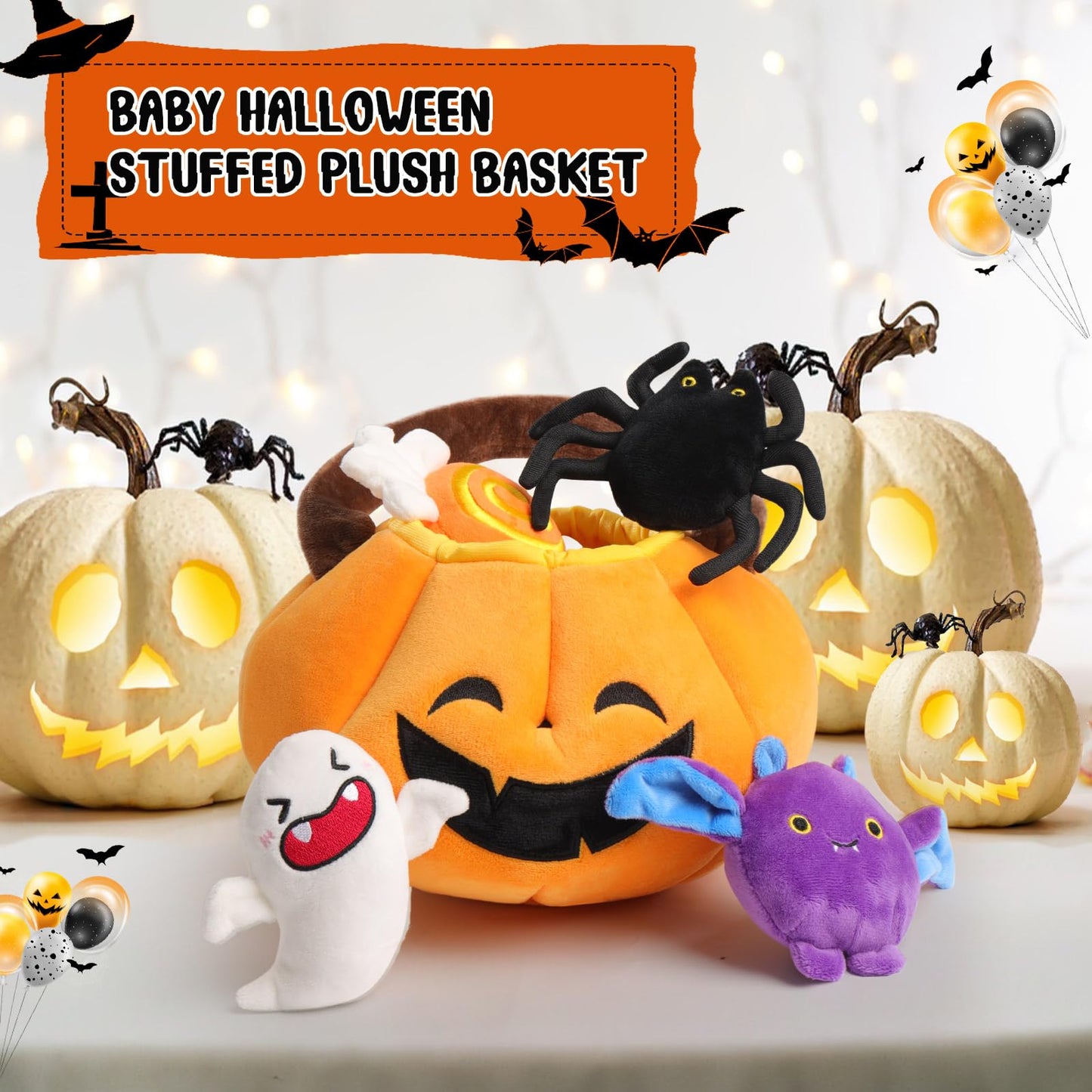 Emoin Baby'S First Halloween Pumpkin Toys Playset - 5Pcs Plush Stuffed Basket With Spider, Ghost, Candy, Bat - Halloween Goodie