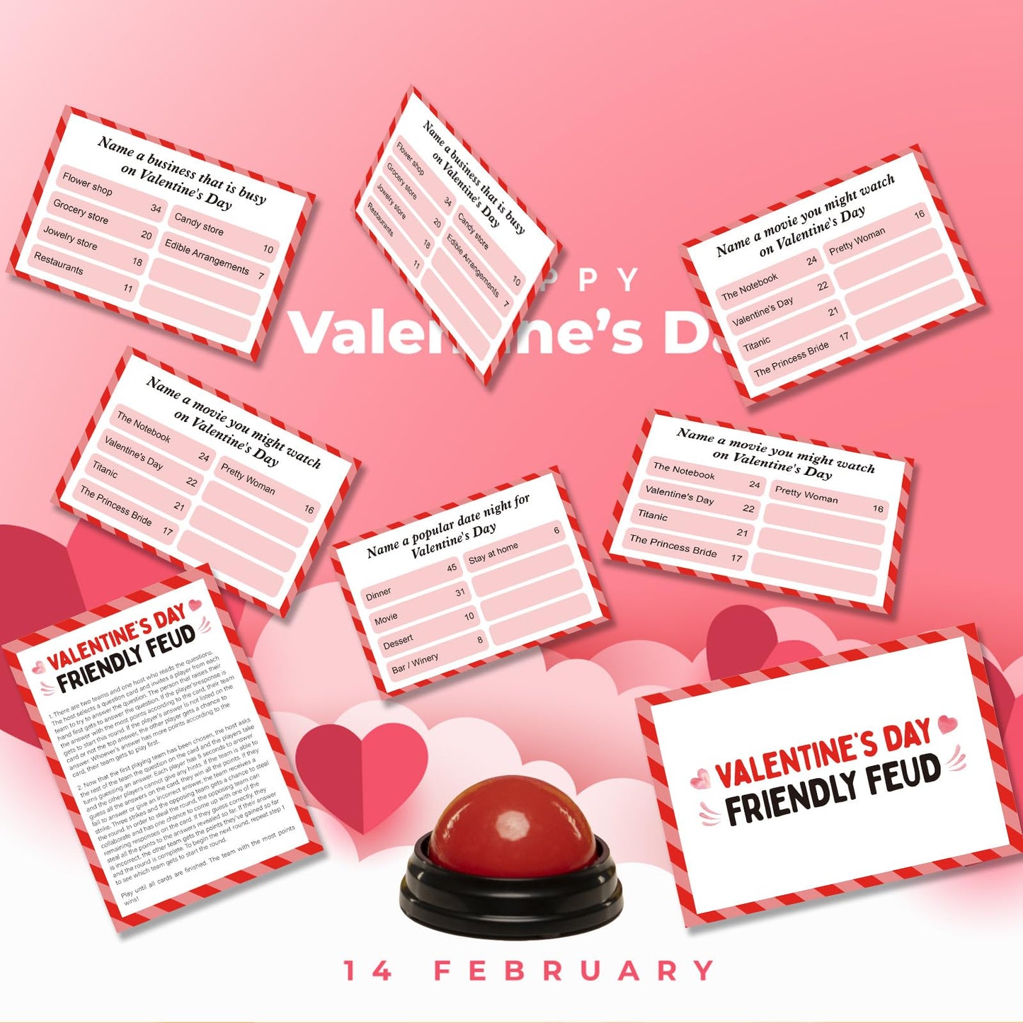 Valentine'S Day Friendly Feud Game Set, Valentine'S Day Game Supplies, Valentine'S Day Games For Adults And Teens, Feud Quiz, Va