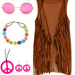 IWALUE 60s 70s Outfits Hippie Costume Set Kid Girls Fringe Tassel Vest with Earring Headband Glasses(Brown,12-14 Years)