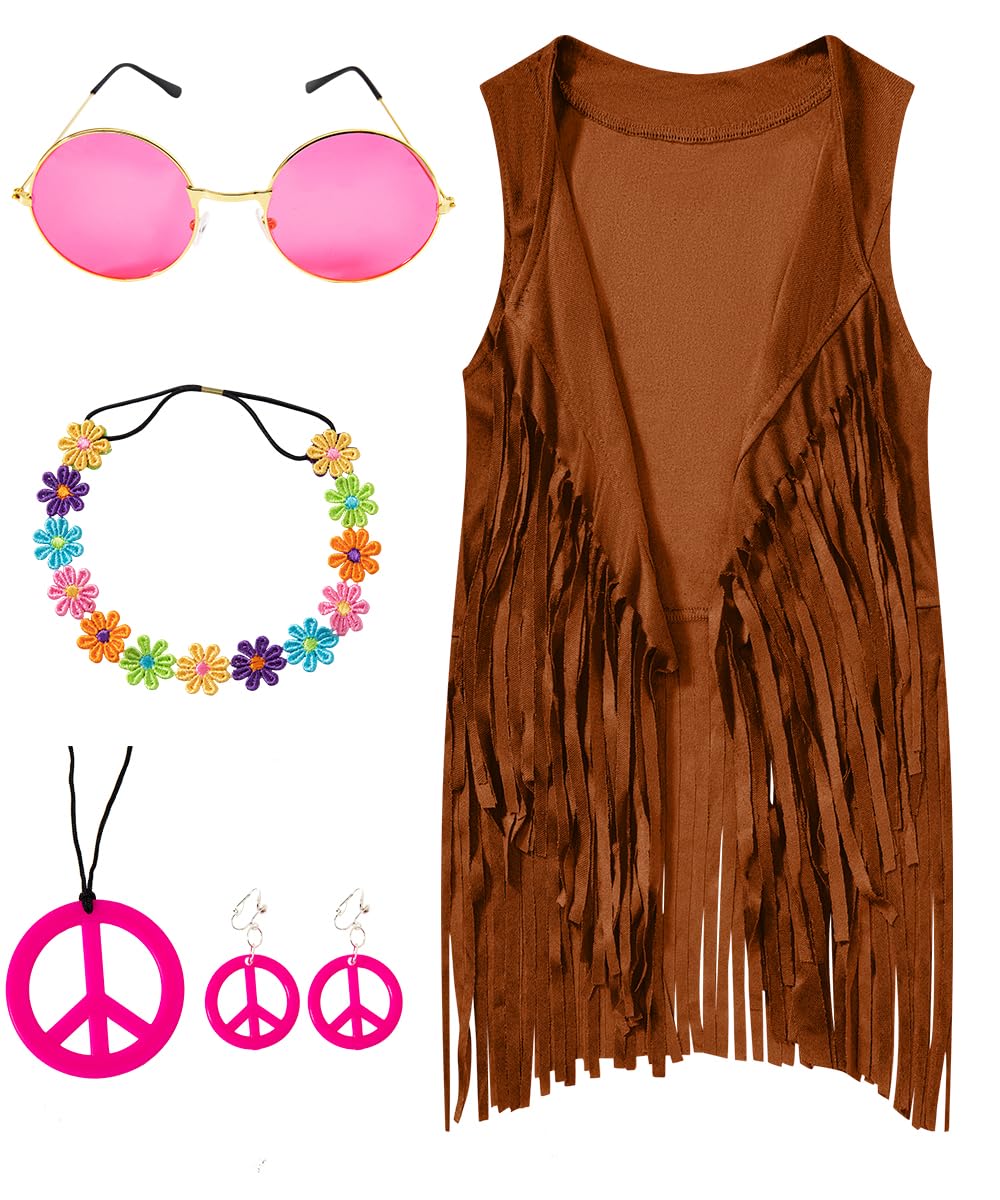 IWALUE 60s 70s Outfits Hippie Costume Set Kid Girls Fringe Tassel Vest with Earring Headband Glasses(Brown,12-14 Years)