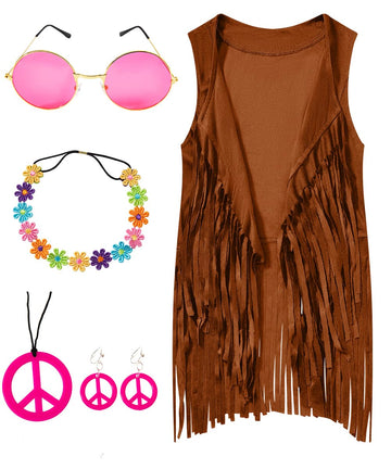 IWALUE 60s 70s Outfits Hippie Costume Set Kid Girls Fringe Tassel Vest with Earring Headband Glasses(Brown,12-14 Years)