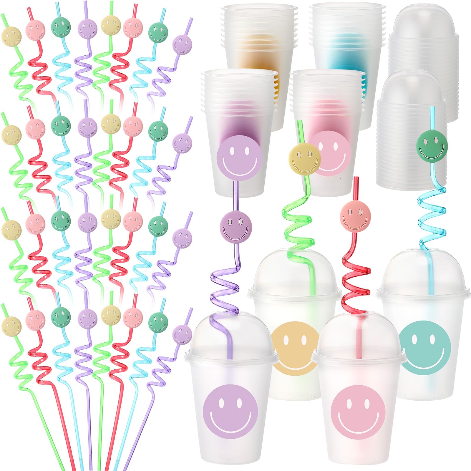 Yaomiao 32 Pack Smile Face Sipper Cups with Straws and Lids, 12 oz Clear Plastic Cups Happy Face Party Cups with Dome Lids Happy