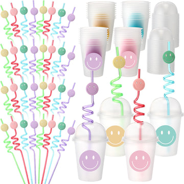 Yaomiao 32 Pack Smile Face Sipper Cups with Straws and Lids, 12 oz Clear Plastic Cups Happy Face Party Cups with Dome Lids Happy