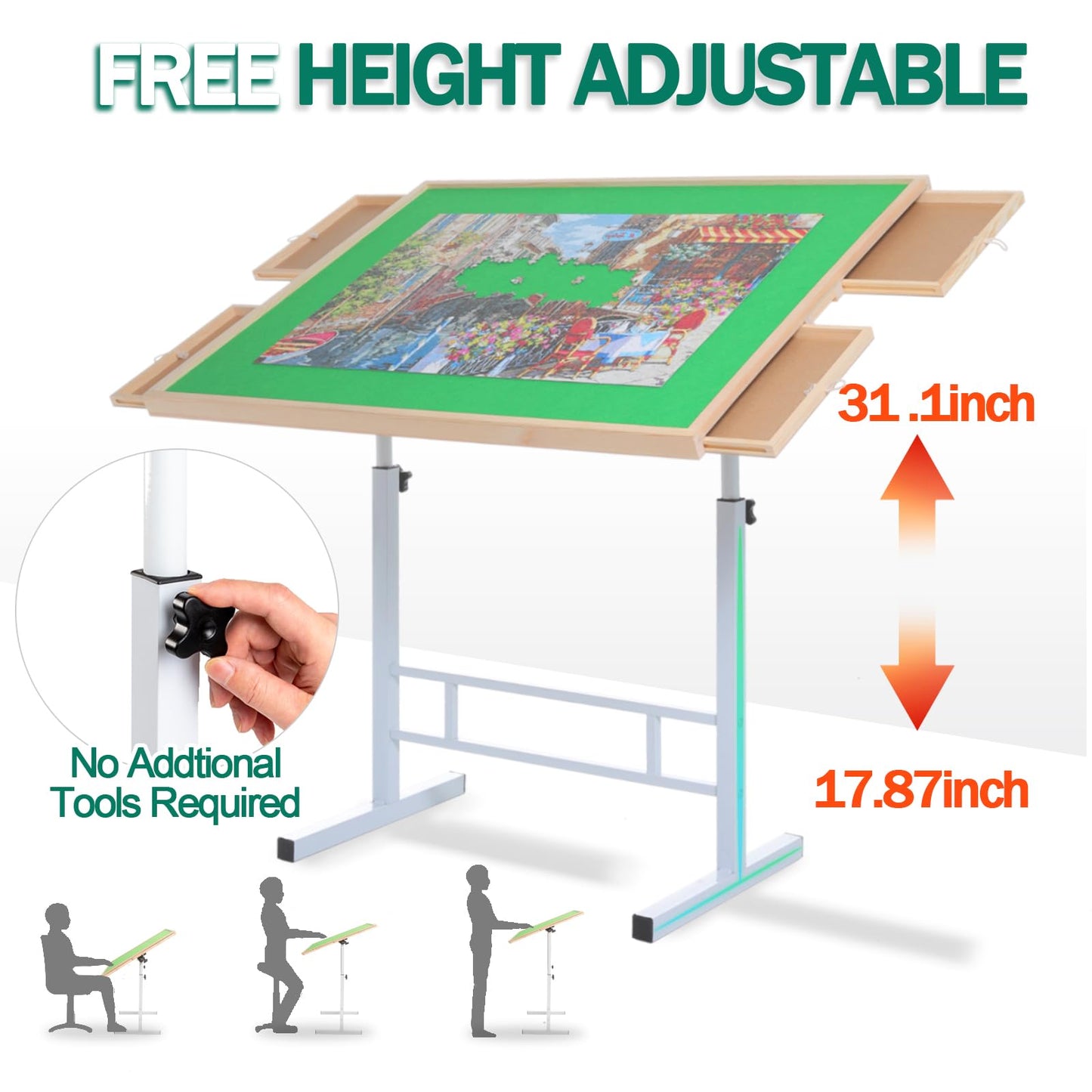 Fanwer Puzzle Table with Drawers, 1500 Piece Jigsaw Puzzle Table, Adjustable Height & Angle, 35x26in, Green Surface, Model TTCSC-zhuhe