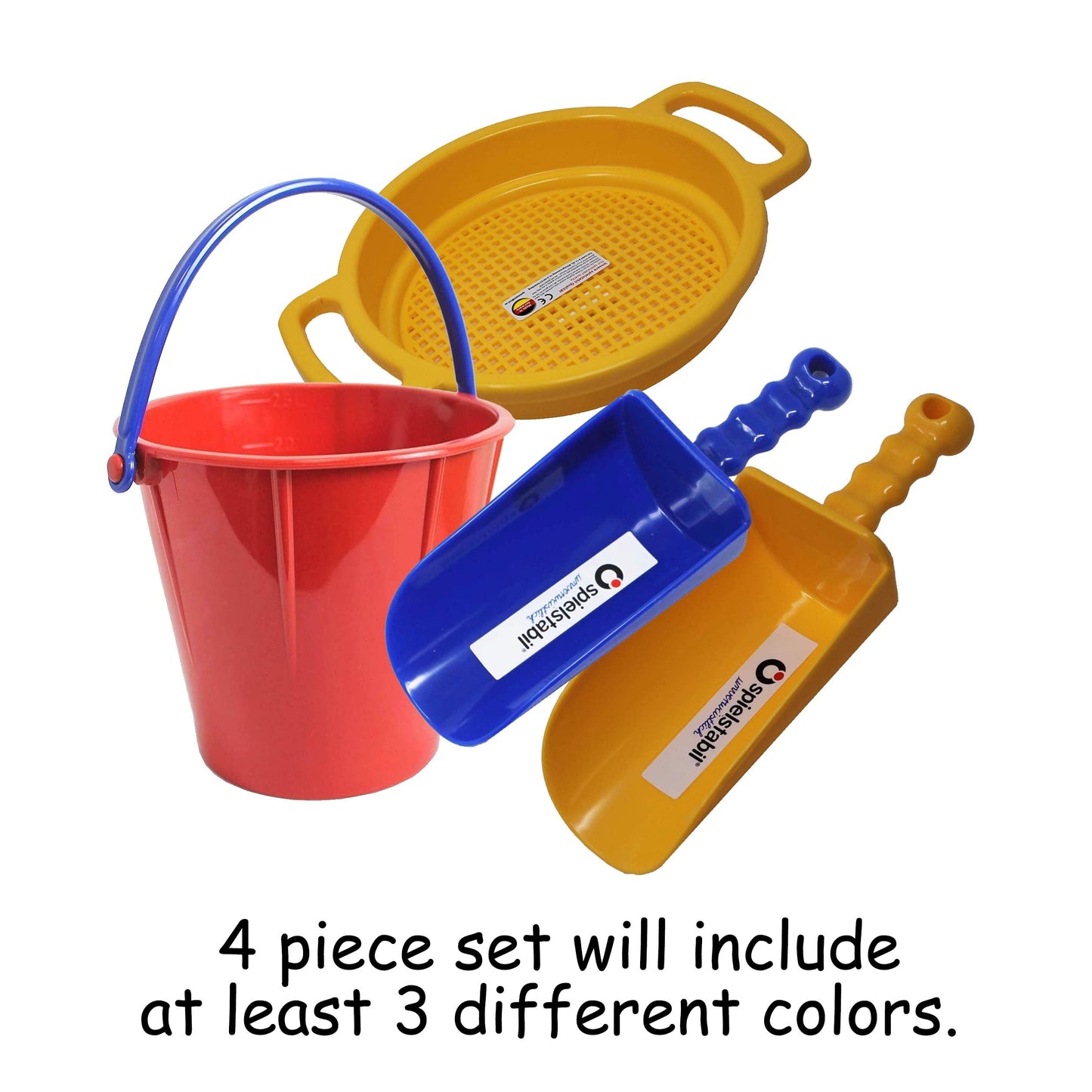 Spielstabil Large Sand Toys Bundle - Large Pail, Large Sieve and 2 Large Scoops (Colors Vary - Made in Germany)