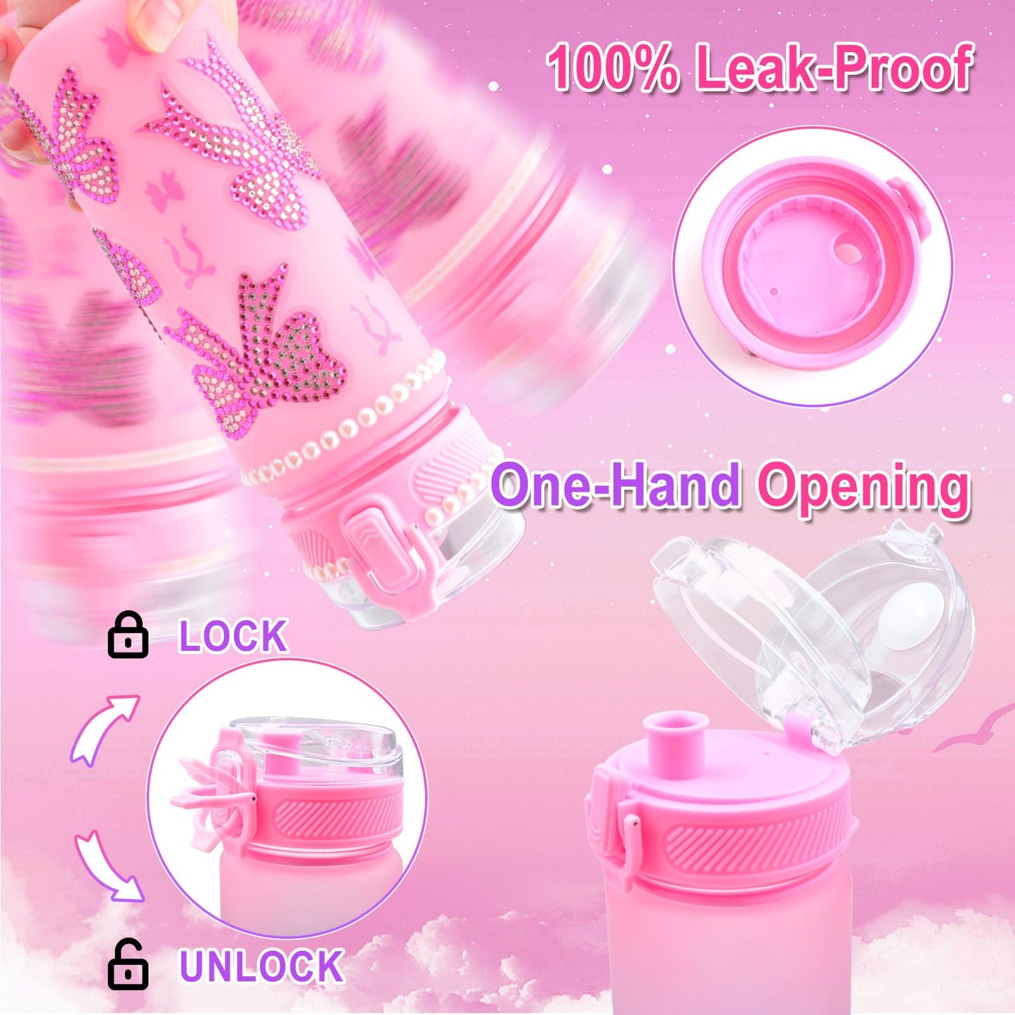 ASIOWELY Decorate Your Own Water Bottle Kits for Girls Age 4-6-8-10, Pink Bow Pattern Diamond Painting Art and Crafts for Boys A
