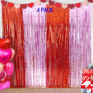 EUFARS Valentines Day Party Decorations - 4 Pack of 3.2x8.2ft Red Pink Foil Fringe Curtains Streamers Backdrop for Birthday Gale