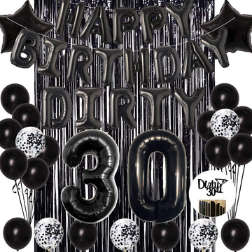 Joymemo 30Th Birthday Decorations Black - Dirty Thirty Foil Balloon & Cake Toppers, Happy Birthday Banner, Black Star Confetti Balloons, Foil Fringe Curtain For Men Women Thirty Bday Party Supplies