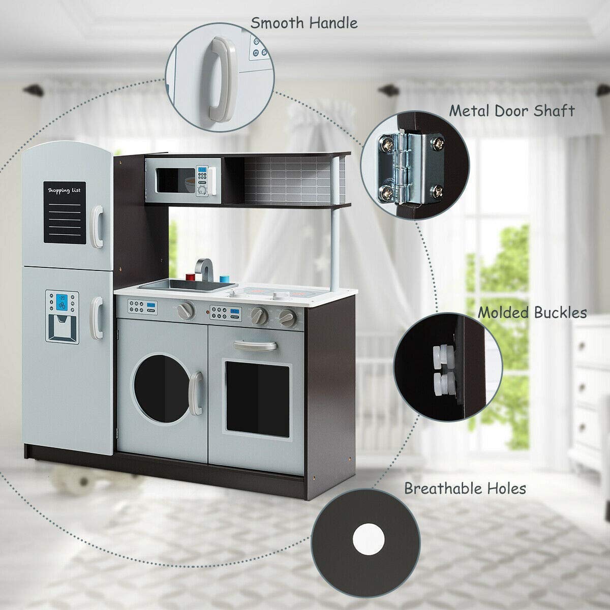 Costzon Kids Kitchen Playset, Wooden Pretend Play Toy Set with Realistic Sound, Microwave, Oven, Washing Machine, Refrigerator,