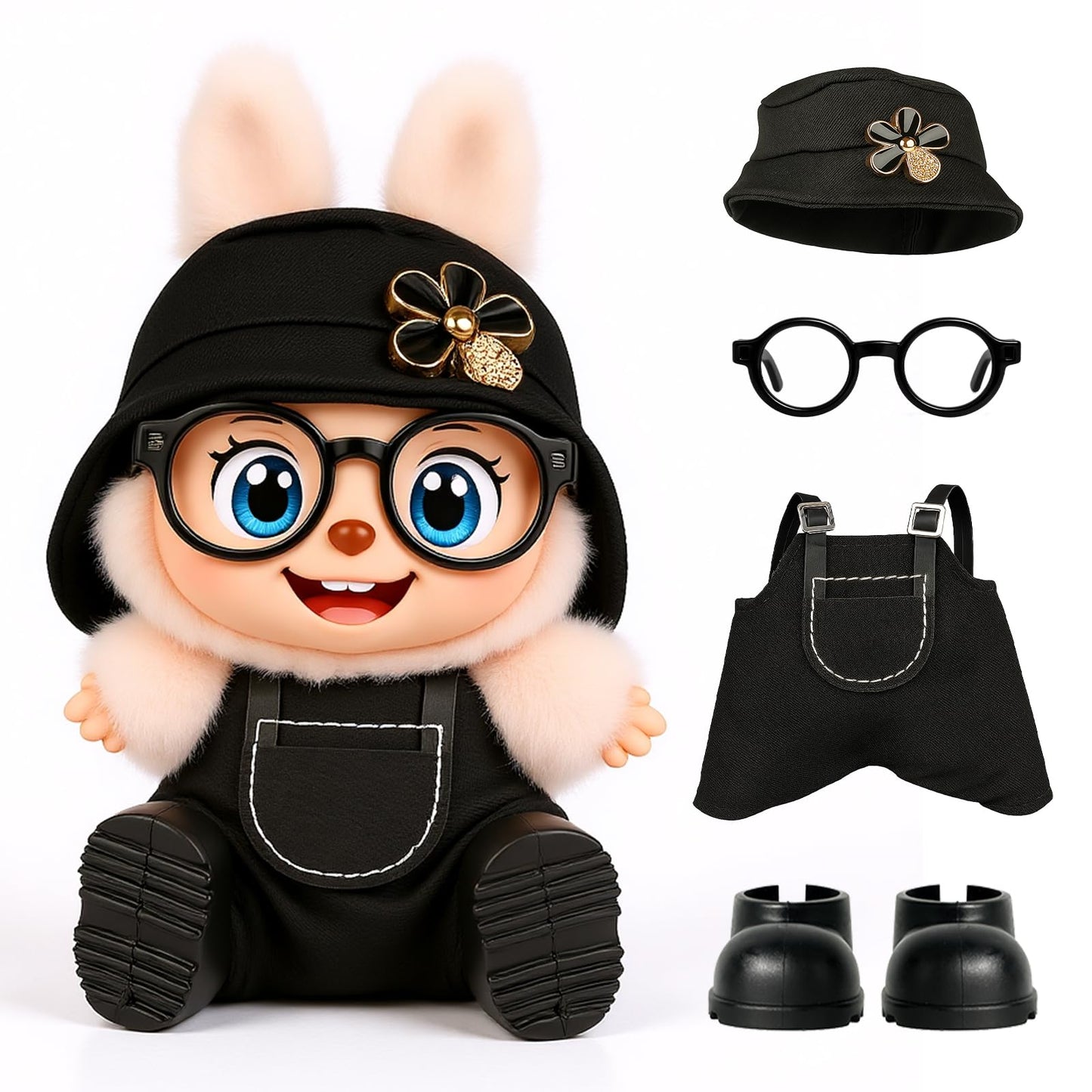 4pcs Dolls Outfit Set  Hat & Overalls for 17 cm Doll Clothes Accessories Suit  Stylish Clothes for Doll  Cute Outfits for Dress up Unique Style with enhanced Fabric  Black