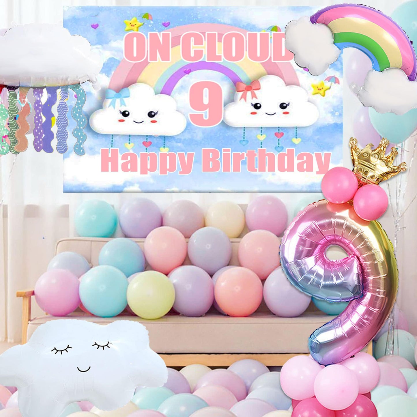 Laventy 35 Pcs On Cloud 9 Birthday Decoration For Girls On Cloud 9 Birthday Backdrop On Cloud 9 Balloons On Cloud 9 Birthday Banner Cloud Balloon Rainbow Balloon