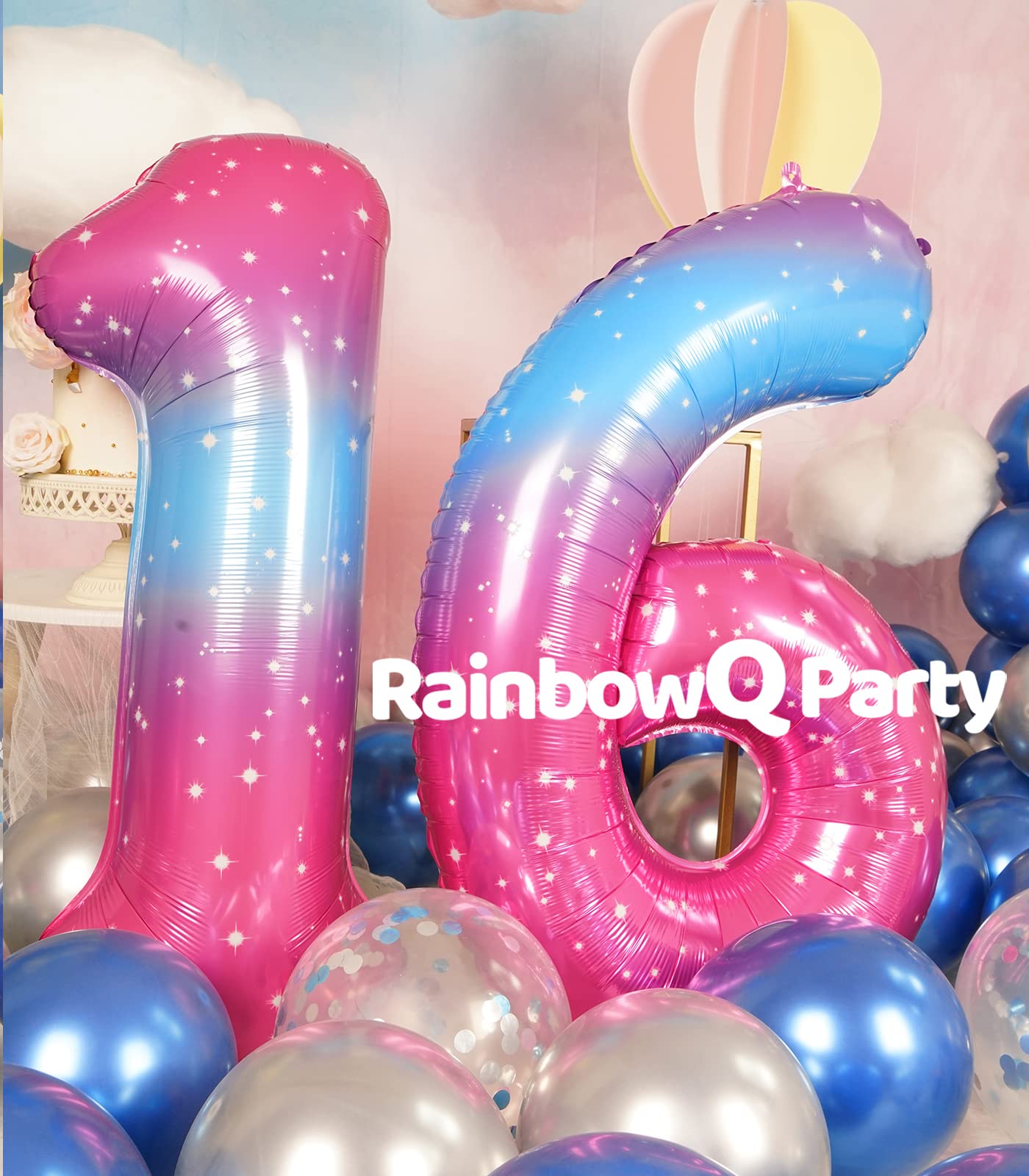 Rainbowq 16 Balloon Numbers 40 Inch For Boy Or Girl Big Starry 0-9 Foil Mylar Large 61 Number Balloons Happy 16Th Birthday Party