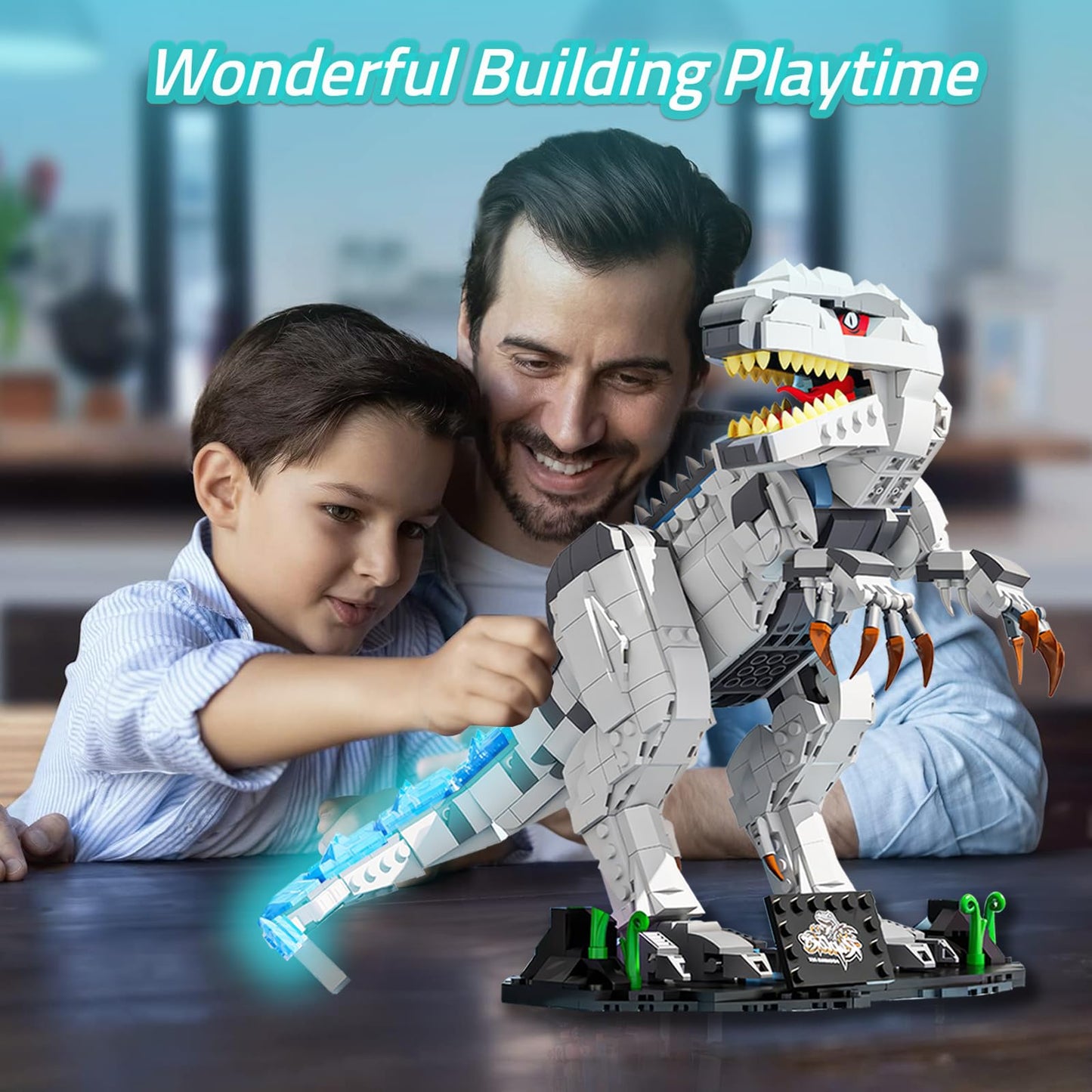 AIRNEY Light Up Dinosaur Building Block Set, 23.6" Glowing Tyrannosaur, Educational Plastic Kit for Boys 6+ and Adults, White