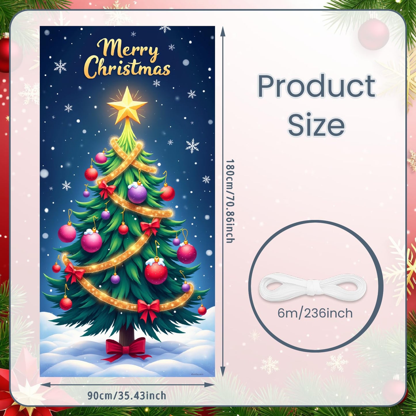 Blue Christmas Tree Door Cover Large Merry Christmas Door Banner Xmas Tree Hanging Backdrop Decorations with Snow Star Tree Xmas