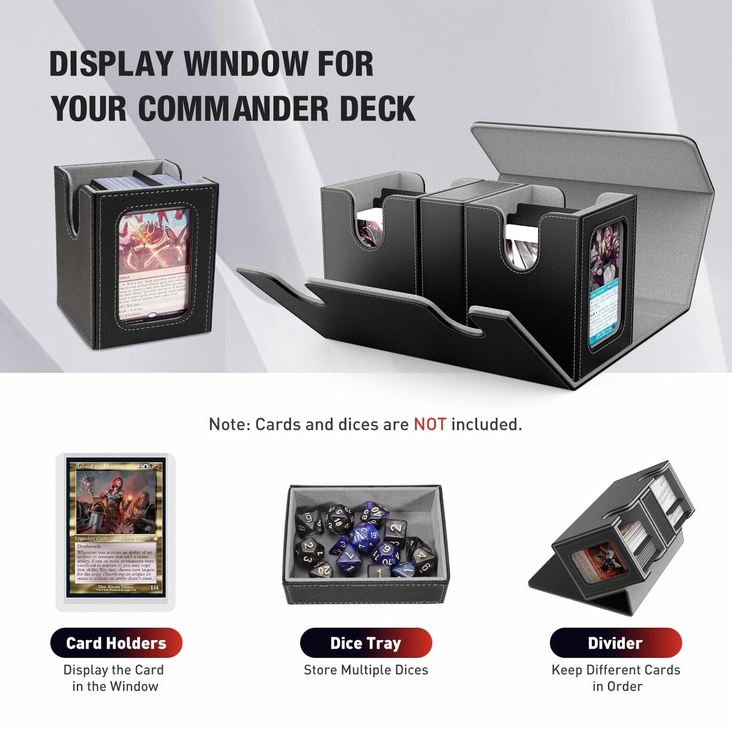 TiMOVO MTG Deck Box  Commander Deck Case Fits 200+ Double-Sleeved Cards  Magnetic Leather Card Storage Box with 2 Commander Display & 4Dividers & Dice Tray Fit YuGiOh TCG CCG Magic Cards  Black+Gray