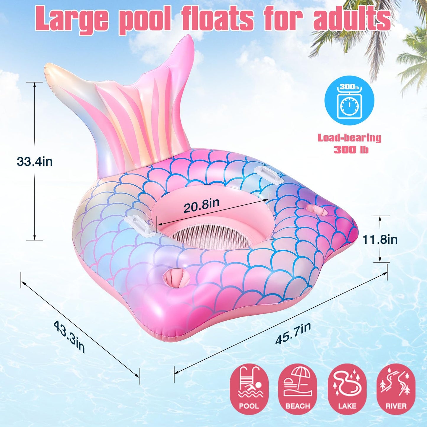 Mermaid Tail Inflatable Pool Float Chair With 2 Cup Holders, Armrests, Pink Swimming Pool Party Lounge Raft Decorations Toys For