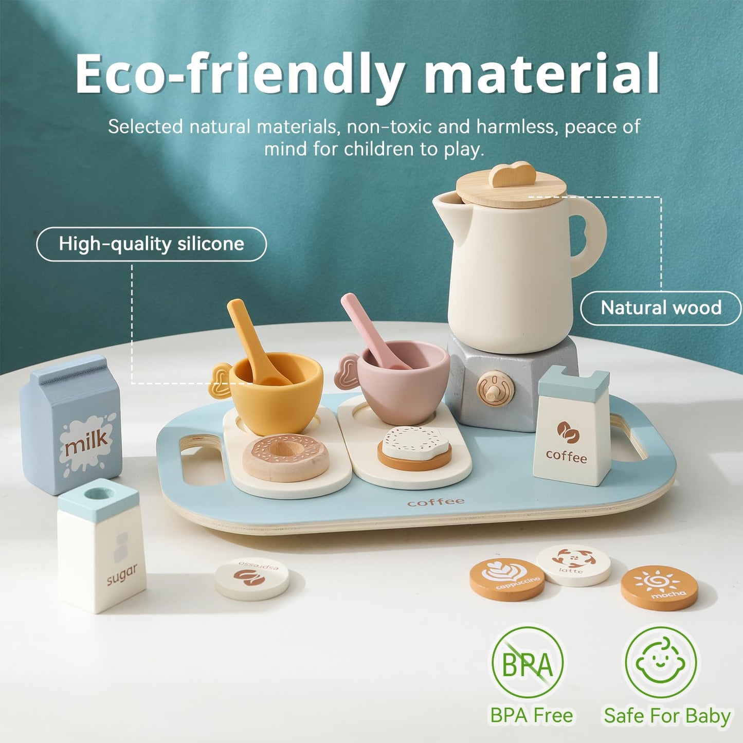 Wooden Tea Set For Little Girls And Boys | 18 Pcs Kids Coffee & Tea Set For Toddlers | Pretend Play Toy With Silicone Accessorie