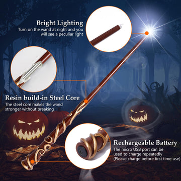 Champwe Light Up Magic Wizard Wand Rechargeable Illuminating Toy For Kids Witch Collection Cosplay Accessories With Spellbook And Gift Box (Vine)