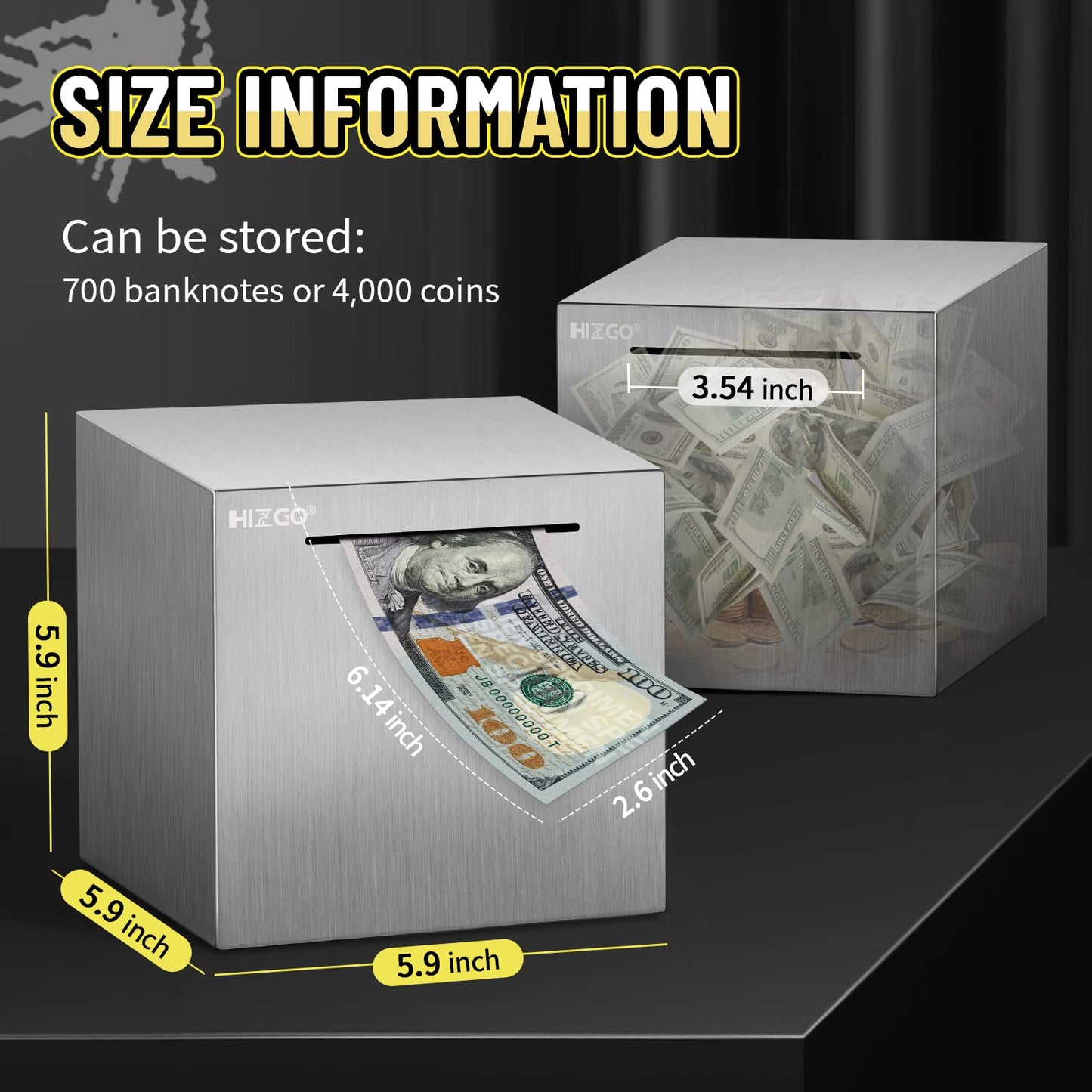 hizgo Stainless Steel Piggy Bank for Adults, 5.9 Inch Silver Savings Bank, Model 20200721-15CM, Budgeting Made Easy
