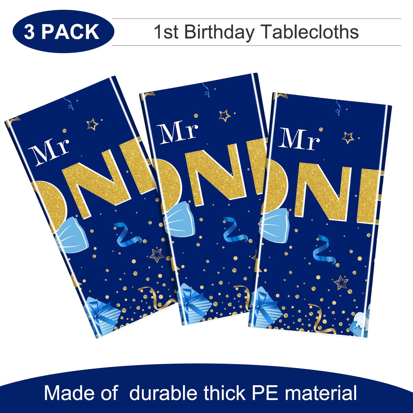 Tiamon 3 Pieces Boy 1st Birthday Party Tablecloth 54 x 108 Inch Plastic Rectangular Birthday Table Cover First Birthday Tableclo