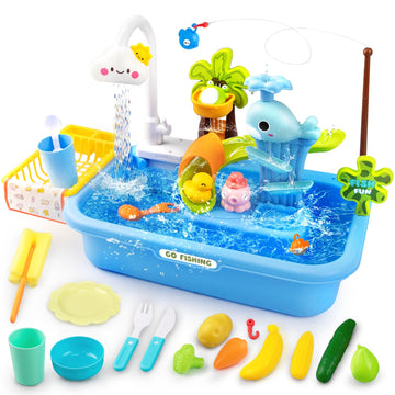Play Sink With Running Water,Toddler Sink Toy With Automatic Water Cycle System,Sink Fishing Game Toy With Food Kitchen Accessor