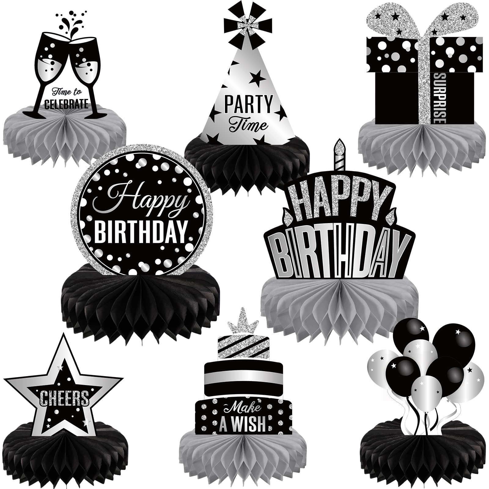 Pajean 8 Pieces Sliver and Black Birthday Party Honeycomb Centerpieces Sliver Black Table Centerpieces Decorations Table Centerp