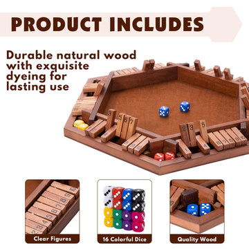 Shut The Box Wood Board Game,2-6 Player Puzzle Game, 16 Dice Educational And Entertaining Classic Tabletop Math Game For Kids