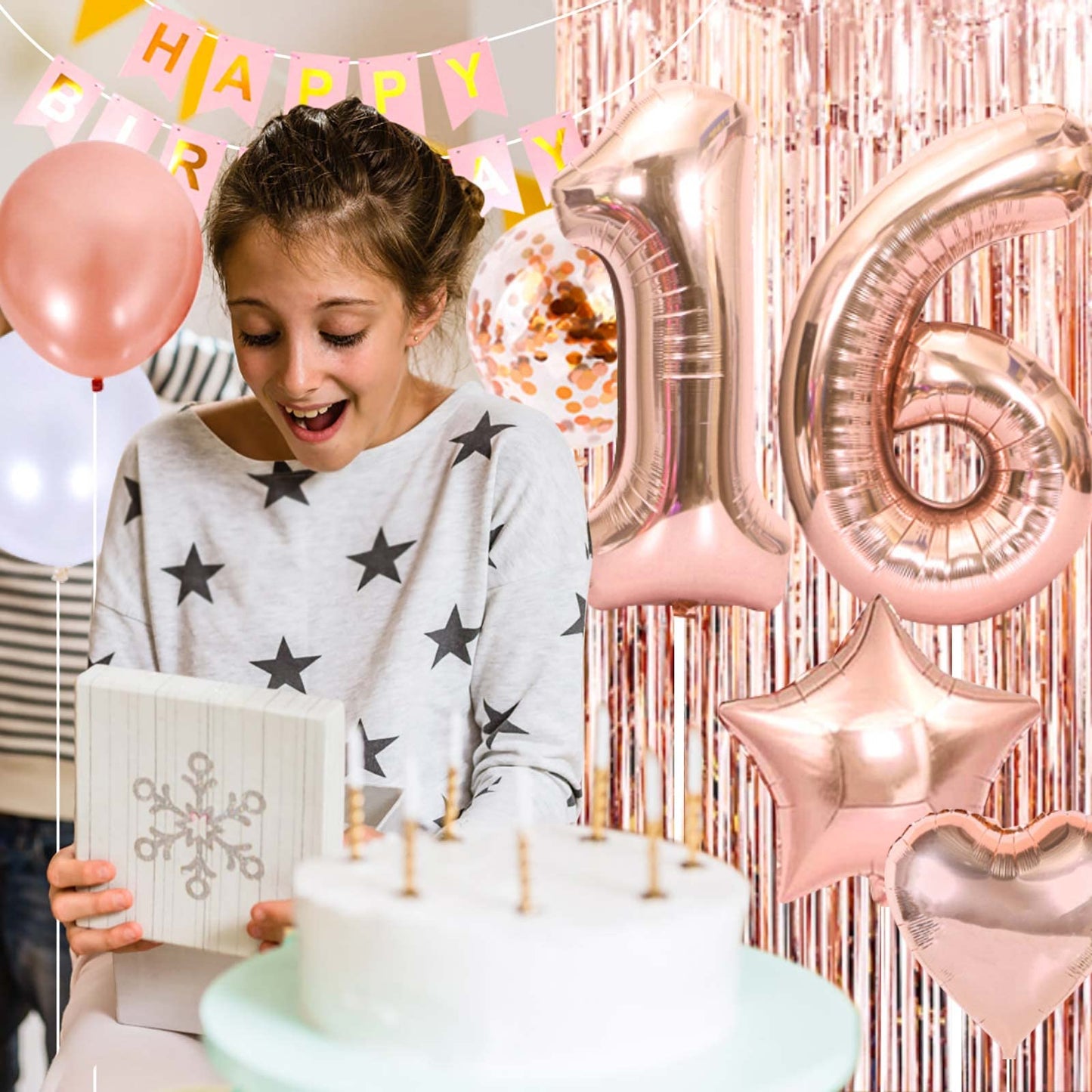 Rose Gold 16Th Birthday Party Decoration Kit - Happy Birthday Banner,Fringed Curtain,Latex Balloon And Confetti Balloons For Gir