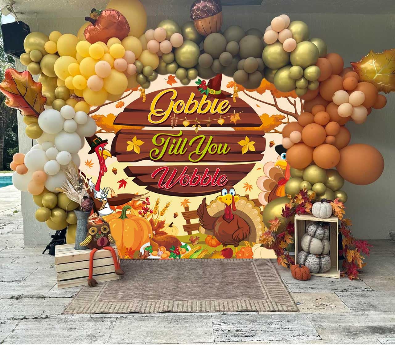 Gobble Till You Wobble Banner Backdrop 6x4FT Fall Maple Leaves Pumpkin Turkey Friendsgiving Photography Background Funny Rustic