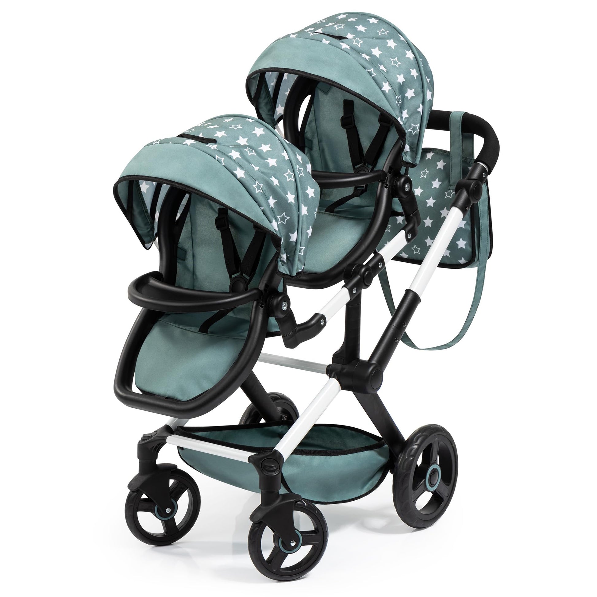 Bayer Design Dolls: Pram Xeo Twin - Green & White Stars - Seats 2 Dolls Up to 18, Shoulder Bag, Adjustable Handle, Foldable, Kid