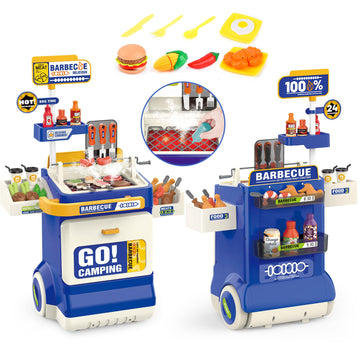 Kitchen Toys Playset,Kids Barbecue Grill Toy Set with Smoke, Sound& Light, Pretend Play Food BBQ Drill Cooking Game Toys,Indoor&