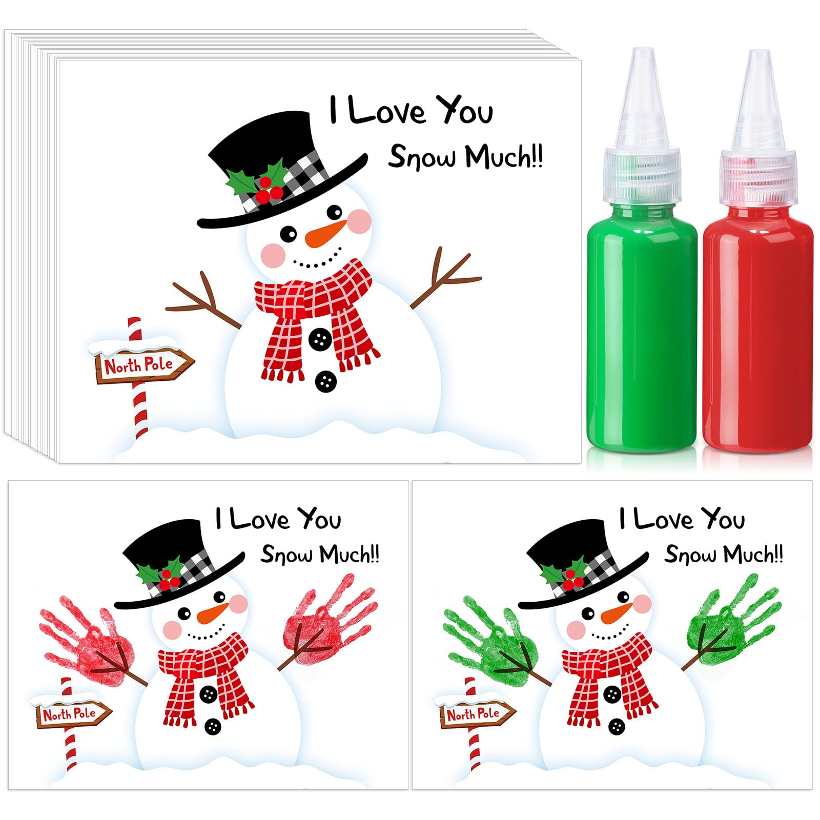 Fullhawl 24 Pcs Snowman Handprint Greeting Card Art Crafts Kit Washable Ink DIY Christmas Handprint Card Souvenir Art Set for Wi