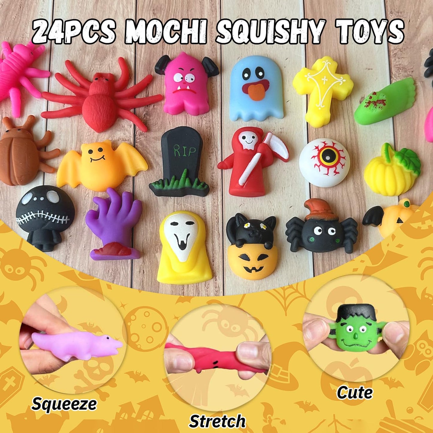 Uusycun 24Pcs Halloween Mochi Squishy Toys For Party Favors, Halloween Pumpkin Squeeze Toys For Kids, Halloween Squishies Toys F