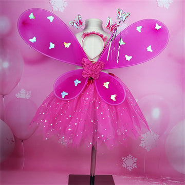 Purfeel Girls Led Light Up Angel Wings Kids Butterfly Wings Costume 4Pcs Sets Hot Pink