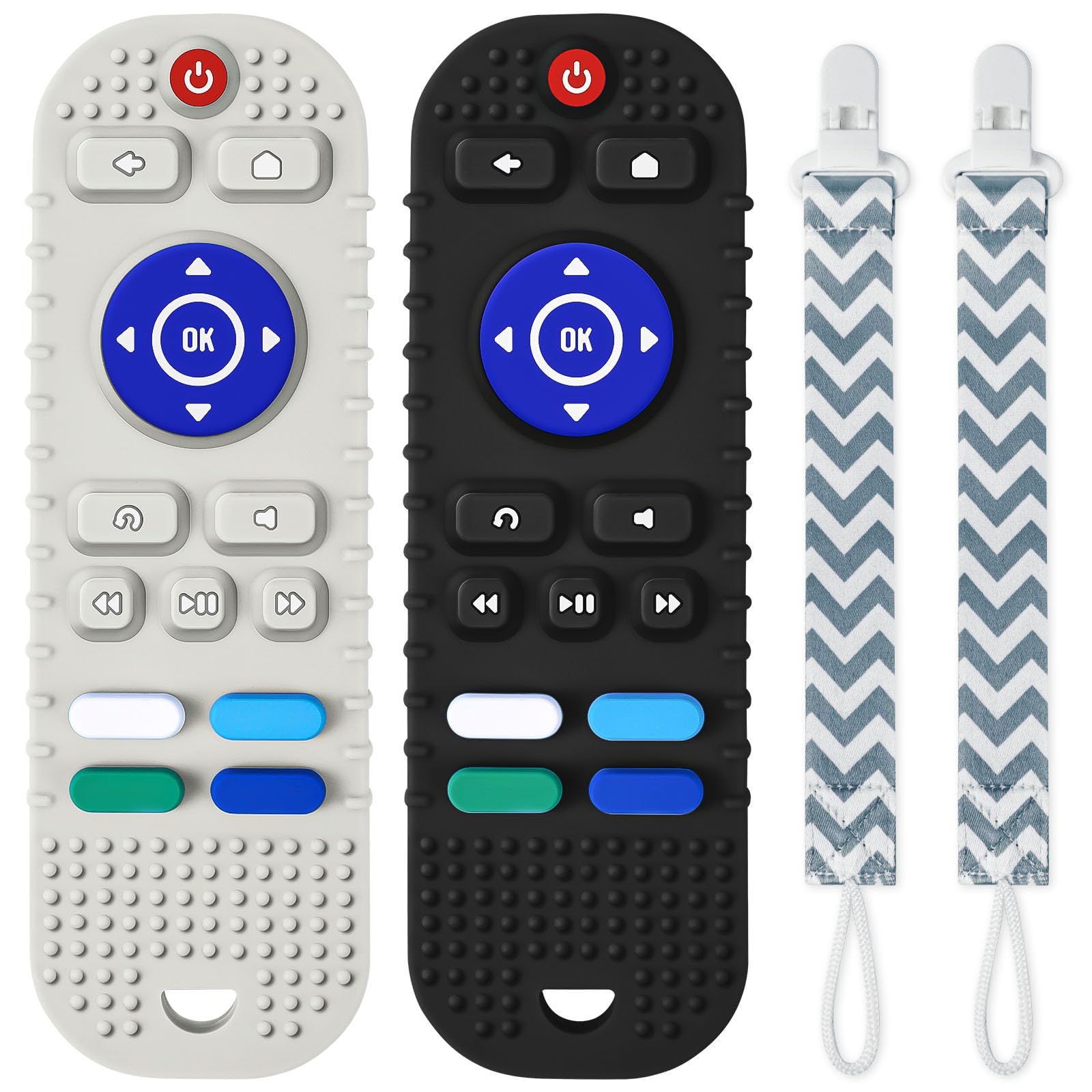 2Pcs Silicone Baby Teething Toys, Remote Control Shape Teether Toys With 2Pcs Pacifier Clip, Silicone Remote Teether For Baby 3+