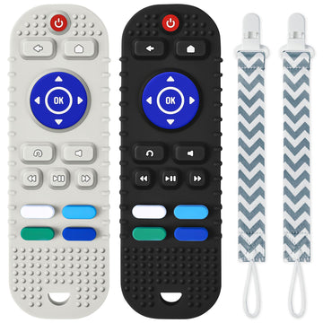 2Pcs Silicone Baby Teething Toys, Remote Control Shape Teether Toys With 2Pcs Pacifier Clip, Silicone Remote Teether For Baby 3+