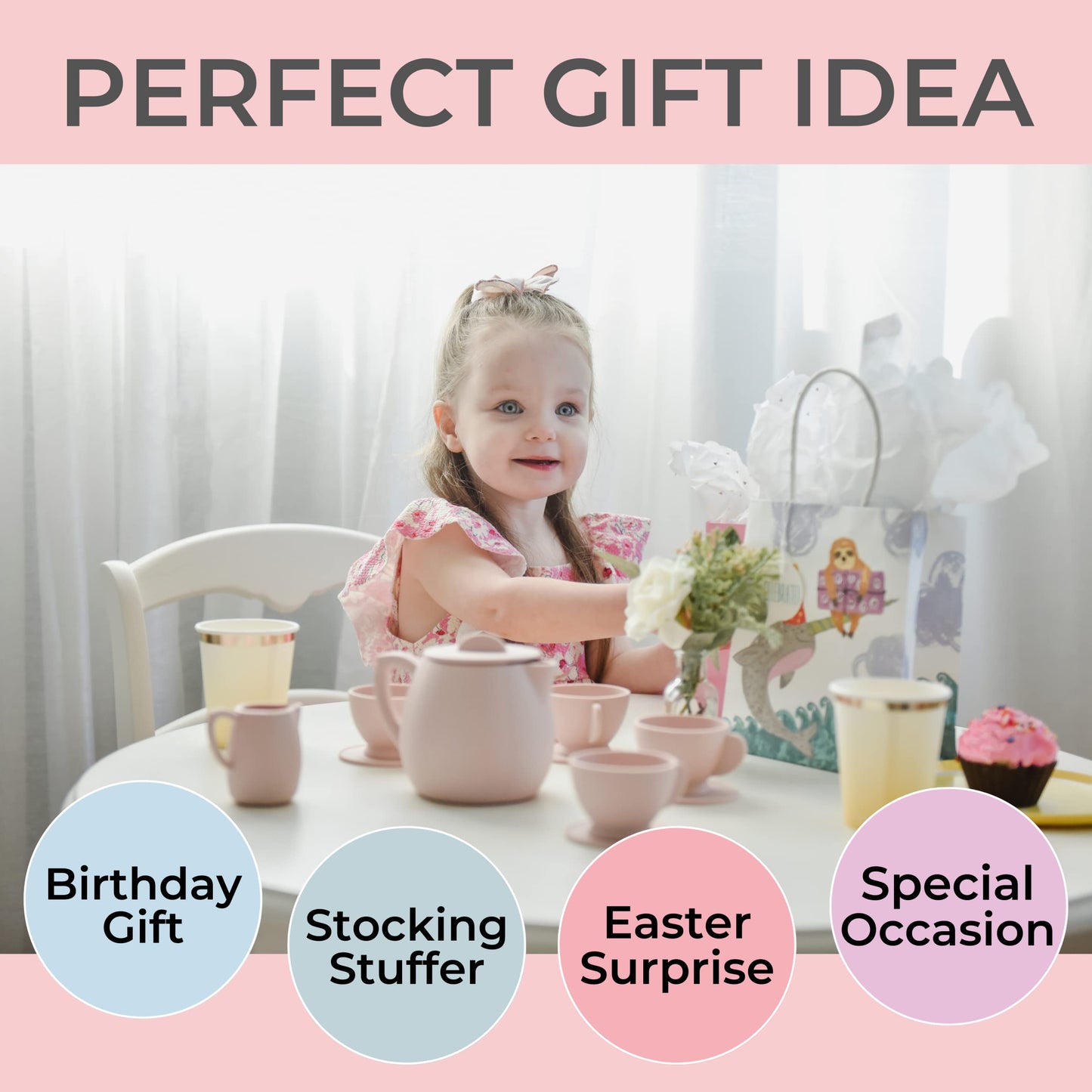 ForeverElla 12Pcs Silicone Tea Party Set for Little Girls - Pretend Play Eco-Friendly, BPA Free Kids Tea Set - Dishwasher Safe T