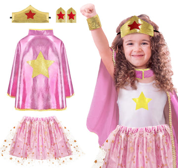 iROLEWIN Wonder Star Superhero-Costumes for Girls Dress-Up Super-Hero-Capes for Kids Tiara Cuff Tutu as Big-Sister-Gifts