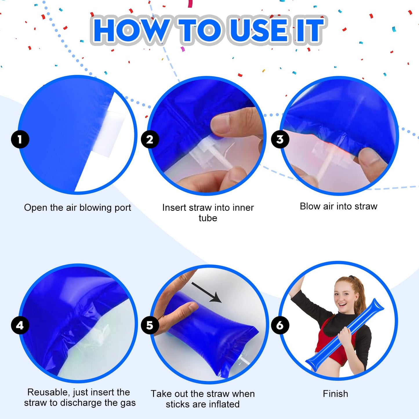 Cssopenss 50 Pcs Blue Thunder Sticks Thicken Plastic Cheersticks Inflatable Thunder Sticks Sporting Events Team Spirit Cheerstic