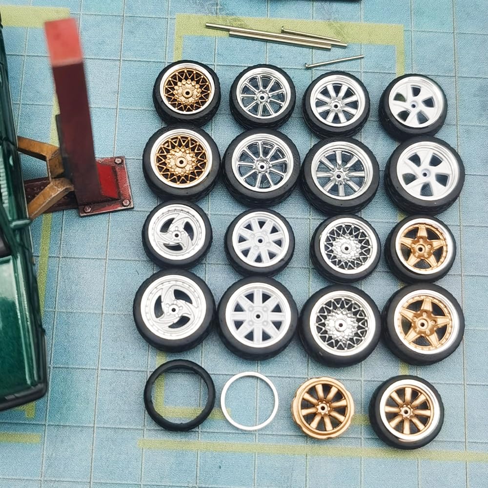 1/64 Wheels Front Small Rear Big For Muscle Cars And Sports Cars,4 Sets/Pack, Eight Spokes,Abs Wheels With Rubber Tire Rivet Axl