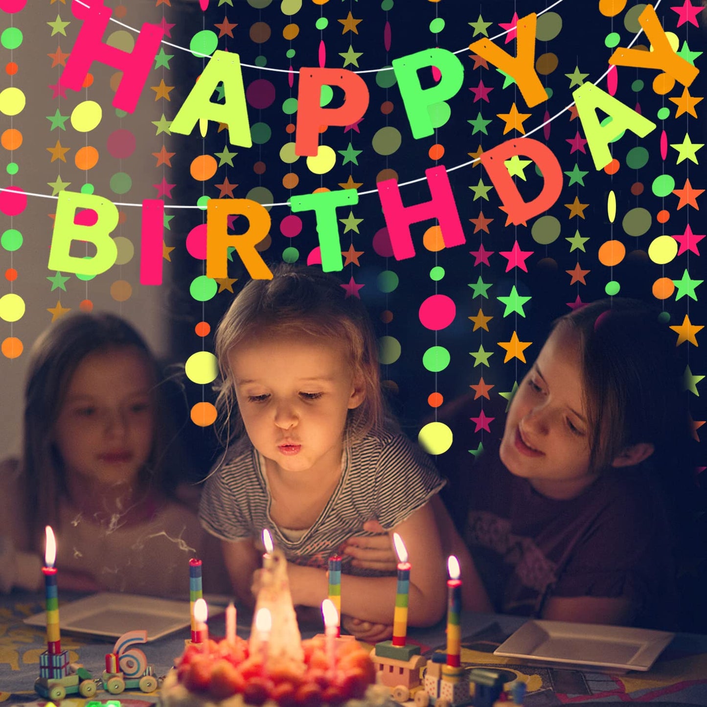UV Neon Happy Birthday Banner Glow in the Dark Glow Party Supplies Decorations Glow in the Dark Blacklight Reactive Fluorescent