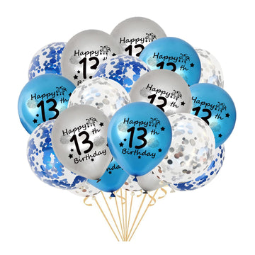 13Th Birthday Balloon, Pack Of 20 Blue Silver Happy 13Th Birthday Latex Confetti Balloon Ribbons For 13Th Teenager Boys Birthday