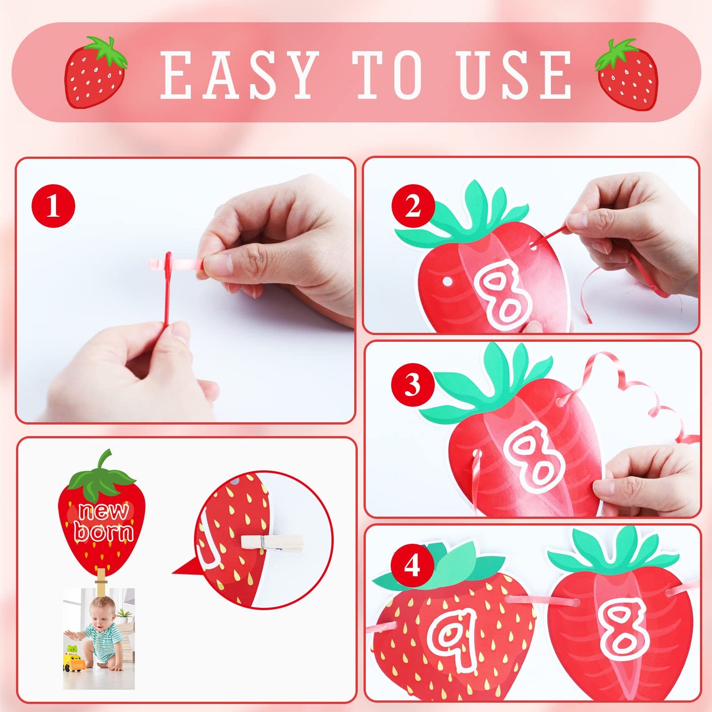 Strawberry 1St Birthday Photo Banner Baby Fruit Strawberry Birthday Photo Banner For Newborn To 12 Months Milestone Photograph B