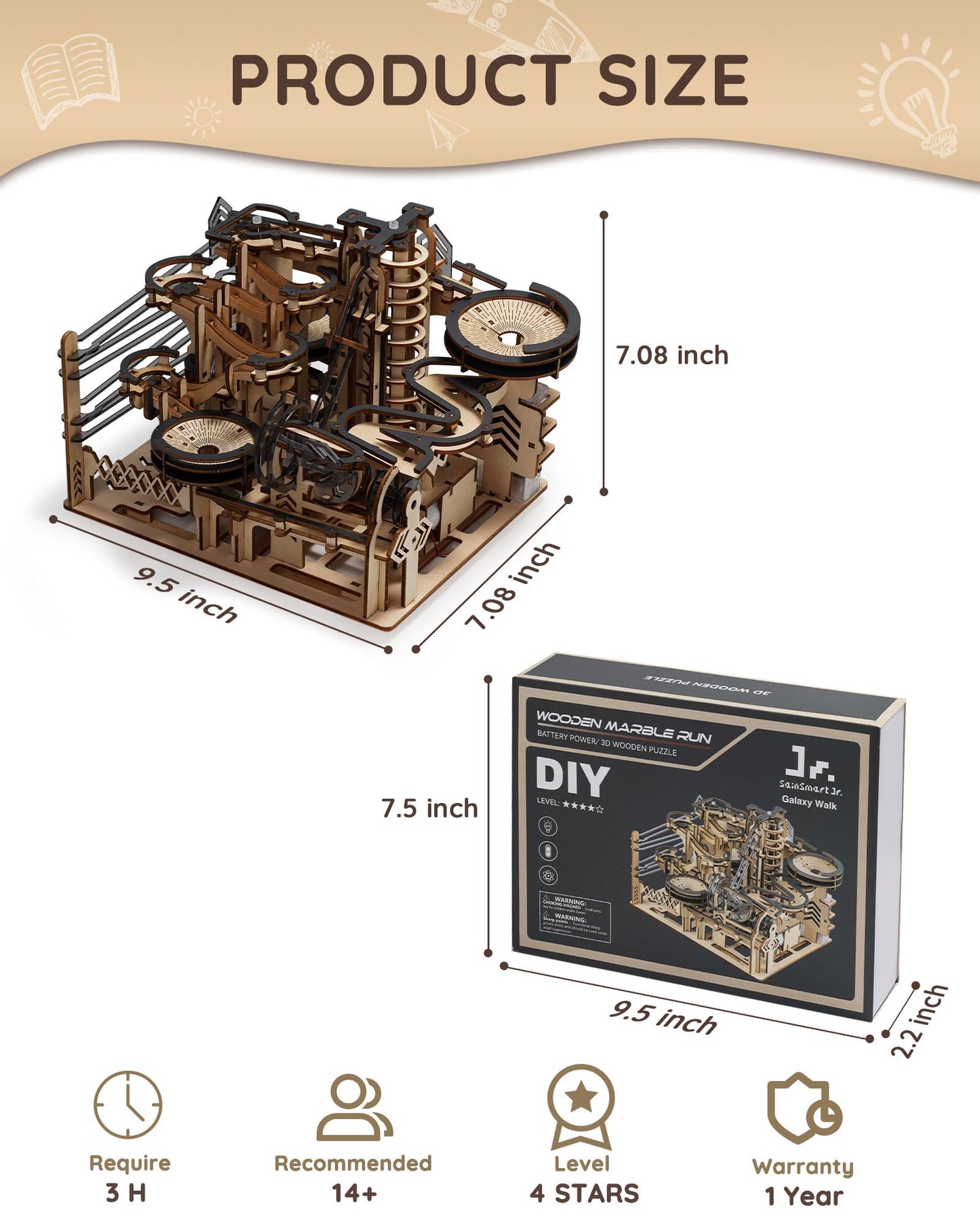 Sainsmart Jr. 3D Wooden Puzzles For Adults, Electric Marble Run Building Kit, Wooden Model Kits Spaceport, Creative Gifts For Teens Ages 14+ (Galaxy Walk)