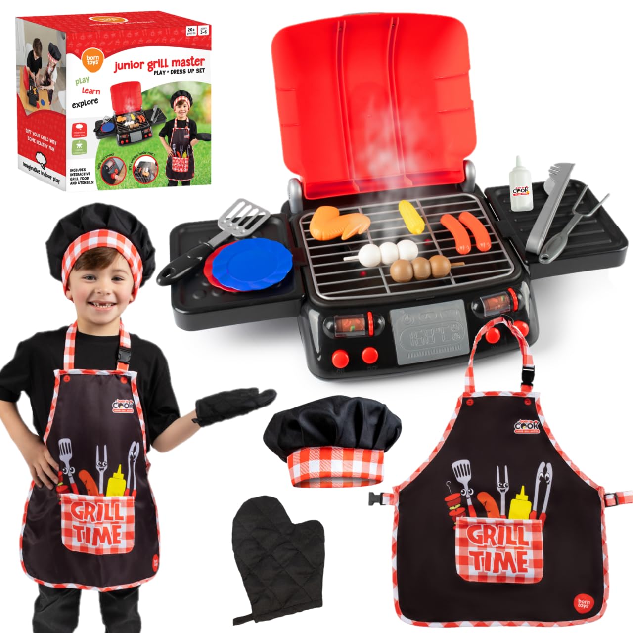 Born Toys Kids Grill Playset - Interactive Kids BBQ Grill Playset w/Pretend Smoke, Sound & Light- Dress Up & Pretend Play Kitche
