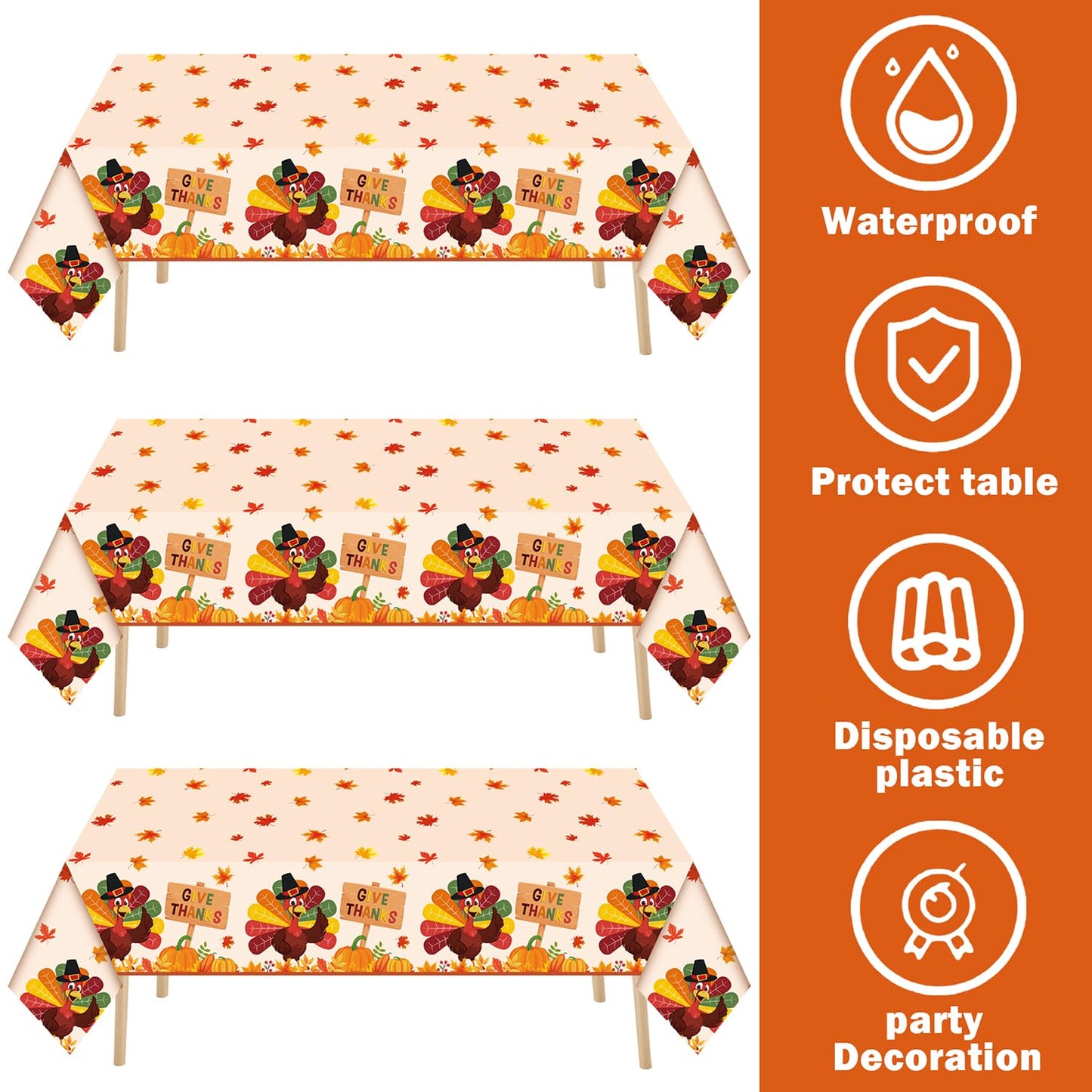 Thanksgiving Tablecloth 3 Pcs Fall Table cloths Rectangle Maple Leaf Pumpkin Turkey Table cloth Autumn Tablecover for Thanksgivi