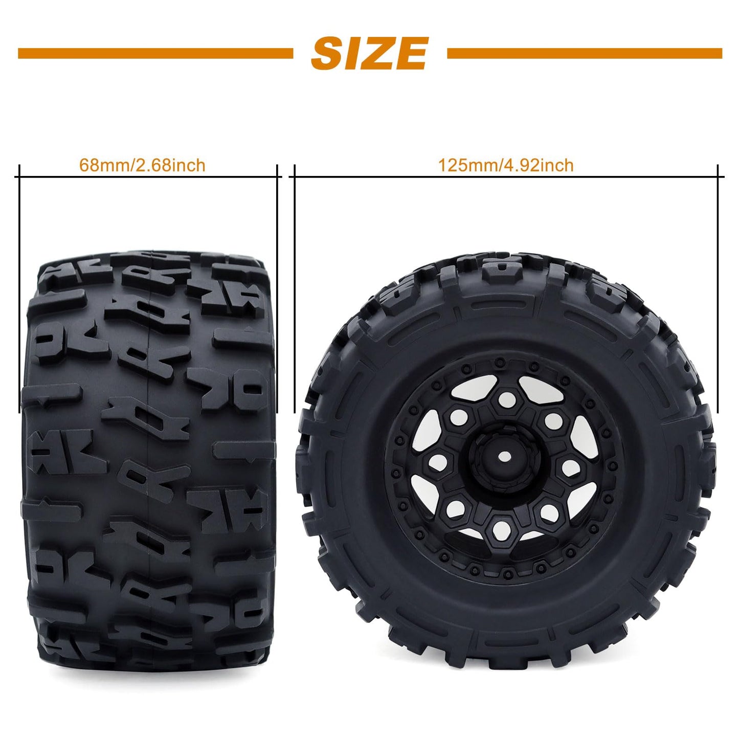 RC 2.8 ''Tires and Wheel Rim 12mm Hex for1/10 Monster Truck HPI HSP Savage XS TM Flux ARRMA GORGON KDM, Set of 4